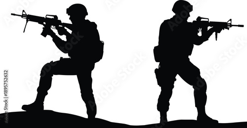 Two armed soldiers combat silhouettes, tactical military vector illustration, dynamic battlefield posture art, defense readiness design, uneven terrain background, cad drawing flat vector illustration