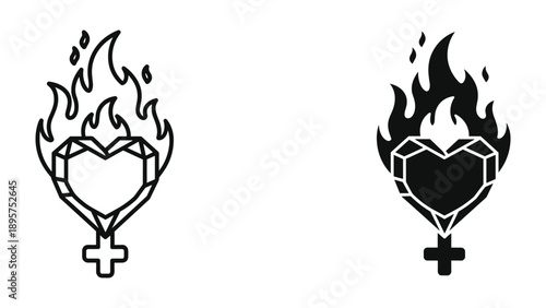 Flaming heart symbol with female sign and cross