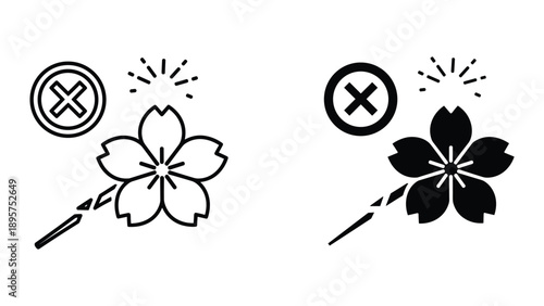 Black and white cherry blossom illustration with cross mark