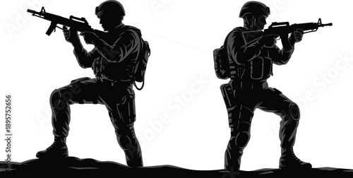 Two armed soldiers tactical silhouettes, kneeling standing combat positions, military coordination vector art, combat readiness design, cad drawing flat vector illustration