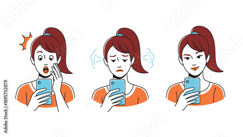 Female character with red hair expressing various reactions like shock and disappointment while using a mobile phone.