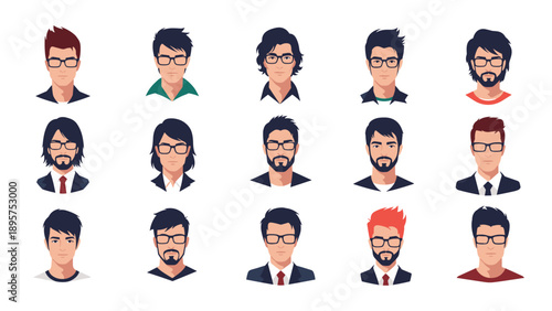 Large grid showing various male avatars wearing eyeglasses with different hairstyles and facial hair configurations.