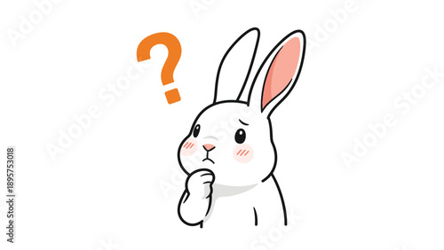 Cute white rabbit looking thoughtful with a hand on its chin and an orange question mark above its head symbolizing confusion.