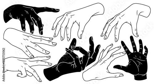 Various hand gestures and poses in black and white illustrations.