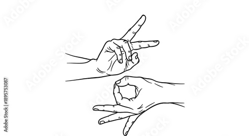 Simple line drawing of two hands with fingers intertwined and pointing.