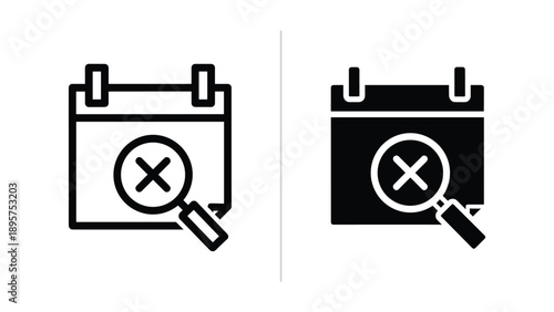 Calendar icon with magnifying glass and cross mark