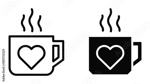 Hot beverage mug with heart icon set