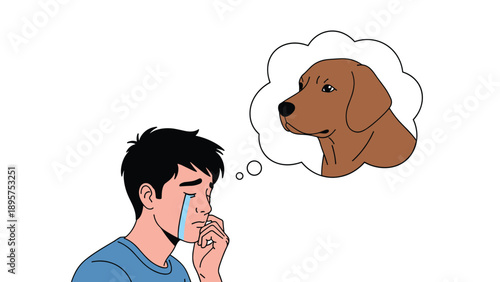 Sad young man crying with tears and remembering his beloved brown dog in a thought bubble representing grief and pet loss.