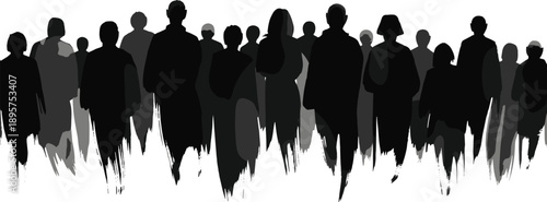 Abstract walking crowd silhouettes representing modern society movement diversity community concept in expressive black vector illustration