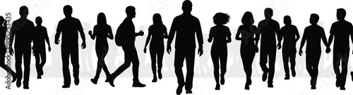 Diverse crowd of walking people silhouettes representing urban movement, society, teamwork, anonymity, and modern city life