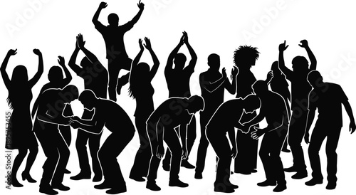 Energetic dancing crowd silhouettes celebrating nightlife party music festival with joyful people movement isolated on white background