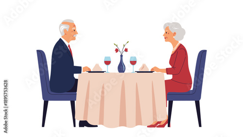Elegant senior couple enjoying a romantic dinner together at a restaurant with wine and flowers on a white background.
