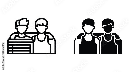 Two pairs of men standing together in solid colors