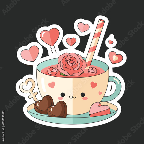 Cartoon cute cartoon tea cup with heart designs and rose on top on a saucer with chocolates and a straw