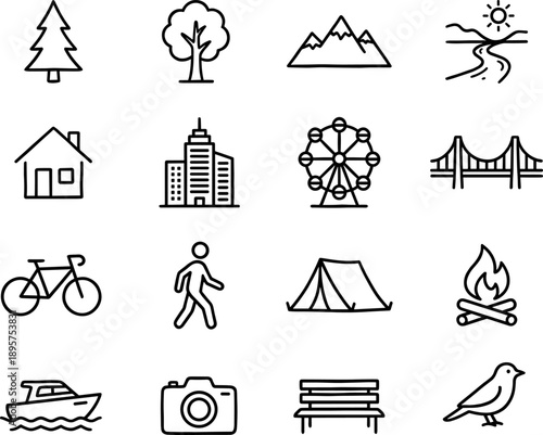 Outdoor and recreation icon set with 16 black line symbols for nature, travel, and activity design content