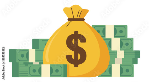 Money bag vector illustration, golden bag with cash and stacks of currency, wealth and financial success symbol.