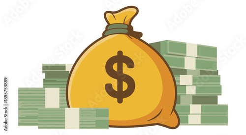 Money bag vector illustration, golden bag with cash and stacks of currency, wealth and financial success symbol.