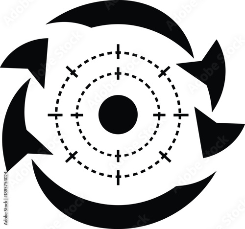 Stylized circular diagram with four curved arrows and concentric dashed rings symbolizing cyclical process and system dynamics