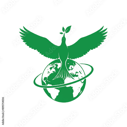 Green Dove Perches on Earth, Symbolizing Peace in Minimalist Logo
