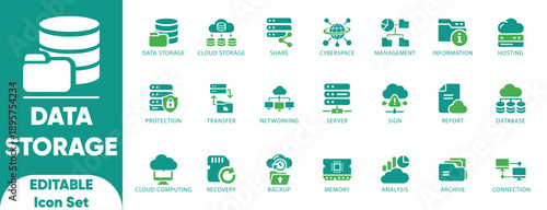 Data Storage Editable Icon Set. Includes database, icon, storage, computing,network, firewall, global, and vector
