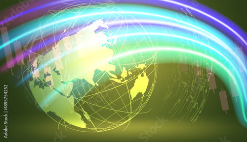 digital illustration representing the global financial market It features  stylized world map overlayed  glowing neon light trails  symbolizing global economic growth Ideal for FinTech investment 