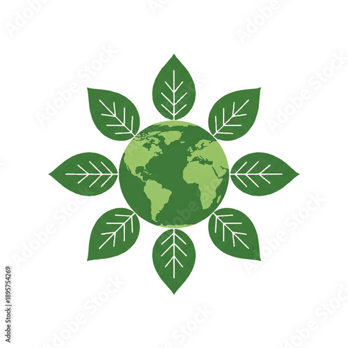 Illustrated Earth Surrounded by Leaves Emphasizing Green Sustainability in Environment Background