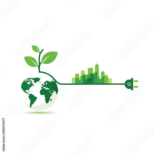 Globe, Cityscape, PowerCord, and Plant Connect in Green Energy Illustration
