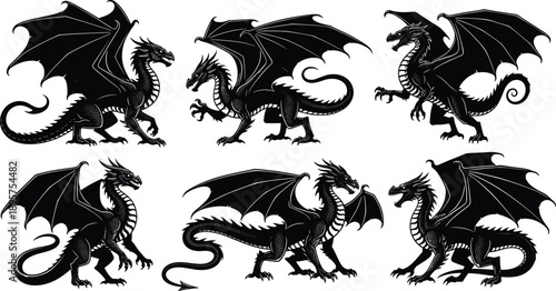 Set of Mythical Dragon Silhouettes in Various Poses with Large Wings and Detailed Scales Isolated on White Background for Fantasy Graphic Design Elements,