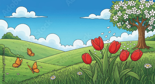 Blooming Field of Flowers, Tree, Butterflies Over Hills – Cartoon Landscape with Grass and Sky