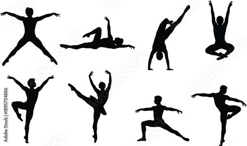 Set of professional male and female ballet dancer silhouettes, graceful figures performing classical dance poses, jumps, and artistic movements, vector illustration collection for theater,
