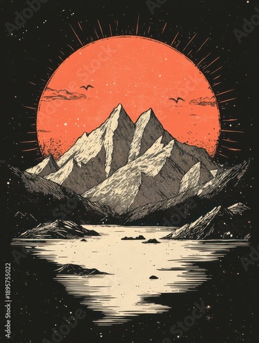Illustrate a t-shirt with a mountain landscape and a rising sun 