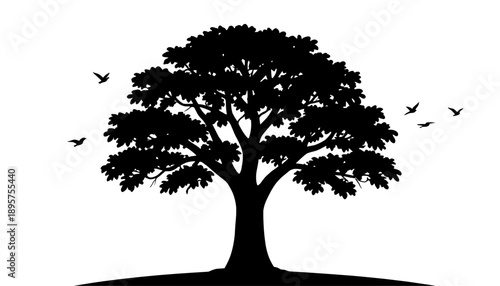 Black silhouette of a large spring tree with spreading branches and flying birds symbolizing growth freedom and renewal isolated on white background perfect for spring nature themes wall art