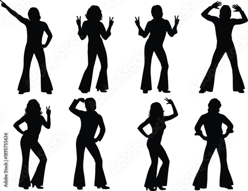 Set of retro disco dancer silhouettes, 70s fashion people dancing in bell bottom pants, joyful party poses, isolated vector illustration on white background,