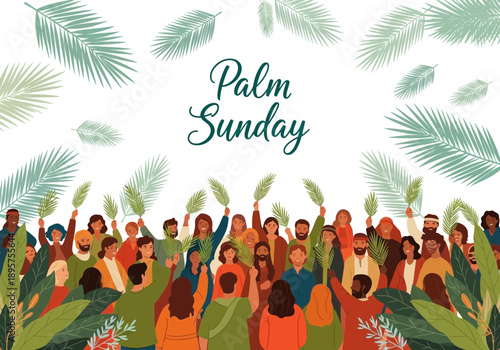 Crowd celebrating palm sunday holding palm fronds