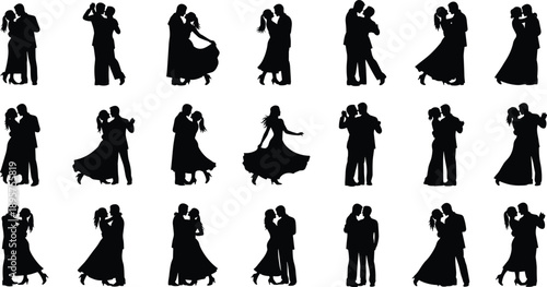 Set of romantic couple silhouettes dancing together, elegant men and women in formal attire performing ballroom dance poses, wedding celebration vector illustration collection,