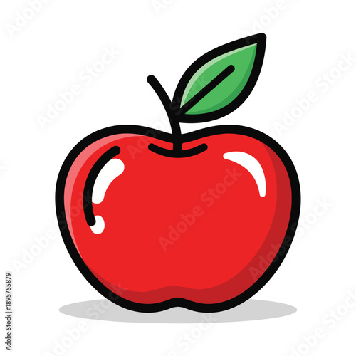 A cartoonish red apple with a green leaf