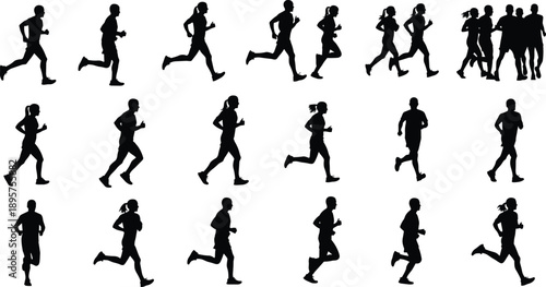 Set of running people silhouettes, male and female joggers in various poses, marathon athletes sprinting, fitness and cardio workout vector illustration elements,