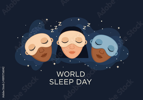 Illustration for world sleep day with three sleeping faces and stars