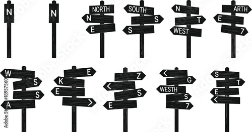 Black and white wooden direction signpost icon set with north south east west arrows navigation symbols isolated on white background