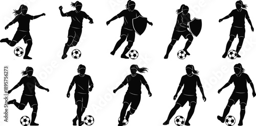 Female soccer player silhouette set in action poses with ball, dynamic women football movements, sports vector illustration isolated on white