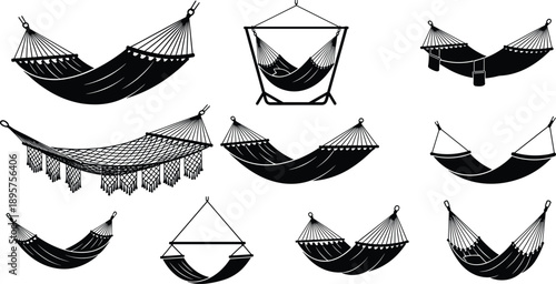 Hammock silhouette icon set isolated on white background, hanging fabric beds, outdoor camping and relaxation furniture symbols
