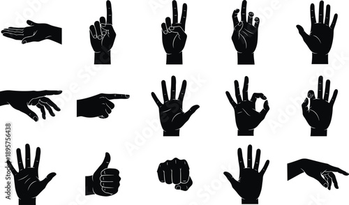 Hand gesture silhouettes set showing counting, pointing, stop, okay, thumbs up and communication signs, black vector illustration collection