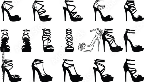 High heel shoes silhouette collection in multiple styles, fashionable women footwear vector illustration set isolated on white background