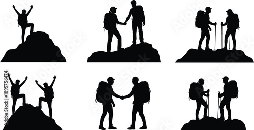 Hikers and mountaineers silhouettes celebrating summit success, teamwork and friendship, outdoor adventure climbing on mountain peak, teamwork concept illustration