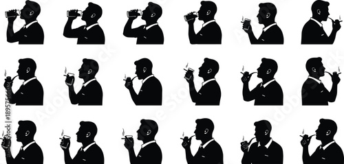 Man drinking coffee and smoking pipe silhouette set in side view poses, classic gentleman lifestyle moments, minimal vector illustration isolated