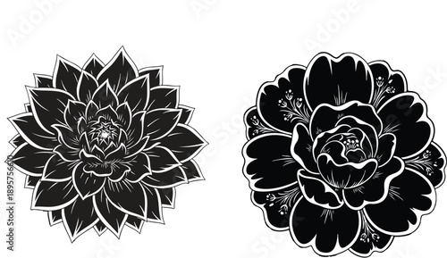 Stylized black flower icon with white accents, elegant floral design element on gradient