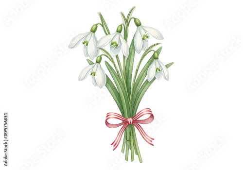 Bouquet of white snowdrop flowers tied with pink ribbon