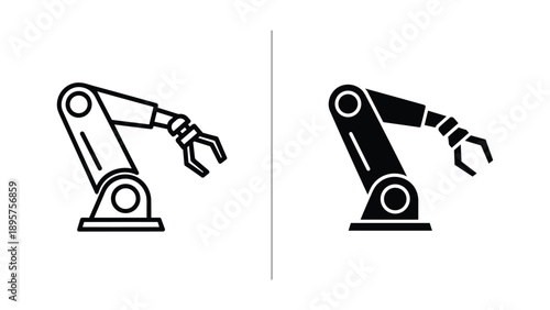 Industrial robot arm icons in line art and solid style