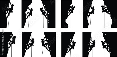Rock climbing silhouette set showing climbers ascending steep cliffs with ropes, extreme outdoor adventure sport, and mountaineering action scenes