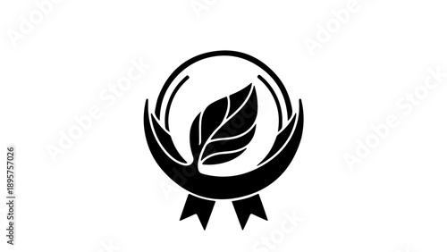 Elegant black and white icon featuring a stylized leaf embraced within a circular frame, symbolizing organic growth, environmental care, natural products, and sustainable quality